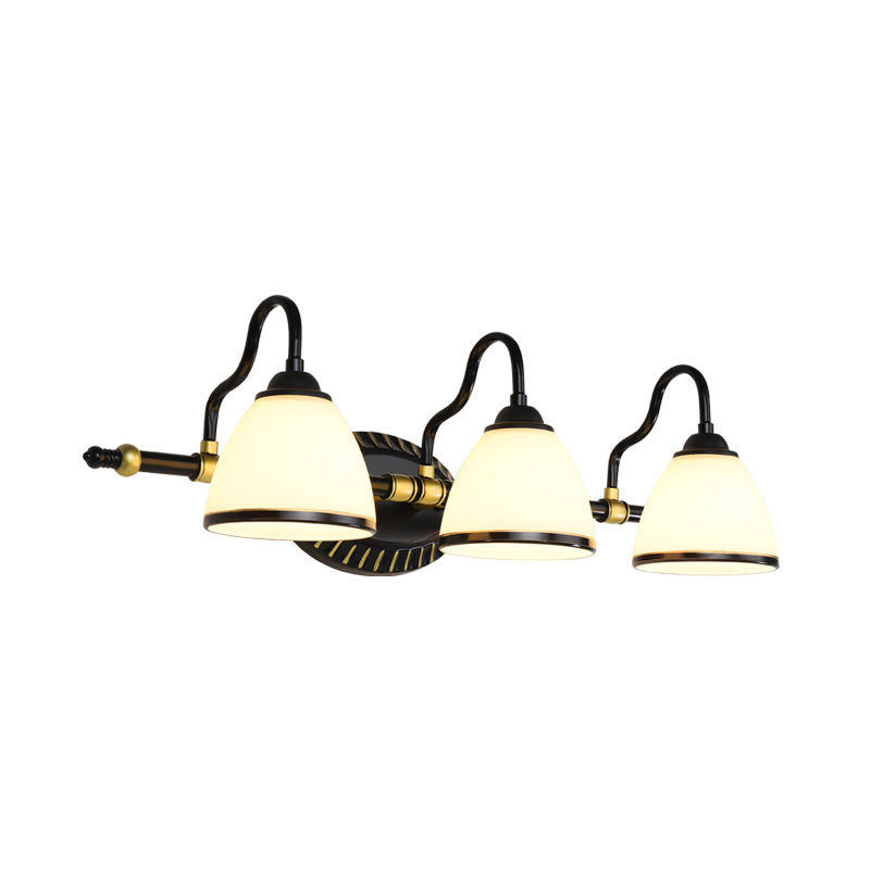 Traditional Bowl Vanity Lighting Fixture 2/3 Bulbs Milky Glass Sconce Wall Light in Black with Metal Curving Arm Clearhalo 'Vanity Lights' 'Wall Lights' Lighting' 1460847