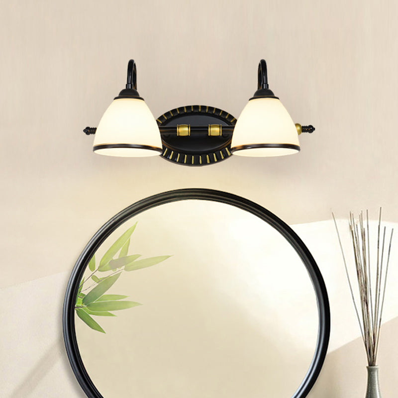 Traditional Bowl Vanity Lighting Fixture 2/3 Bulbs Milky Glass Sconce Wall Light in Black with Metal Curving Arm Clearhalo 'Vanity Lights' 'Wall Lights' Lighting' 1460851