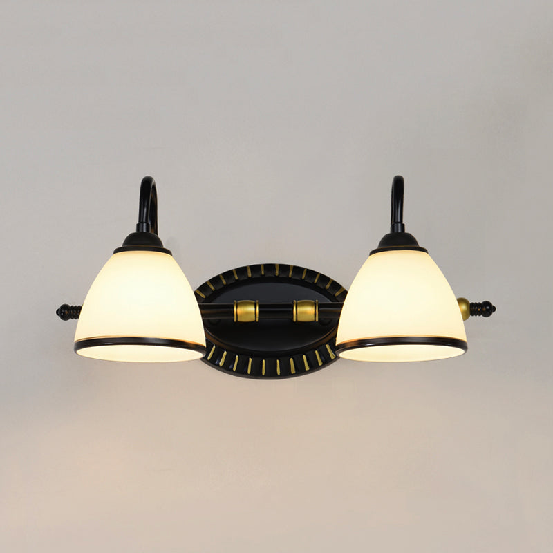 Traditional Bowl Vanity Lighting Fixture 2/3 Bulbs Milky Glass Sconce Wall Light in Black with Metal Curving Arm Clearhalo 'Vanity Lights' 'Wall Lights' Lighting' 1460853