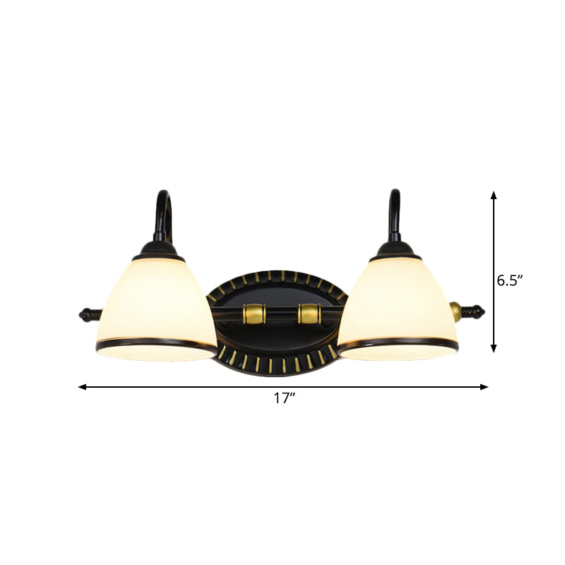 Traditional Bowl Vanity Lighting Fixture 2/3 Bulbs Milky Glass Sconce Wall Light in Black with Metal Curving Arm Clearhalo 'Vanity Lights' 'Wall Lights' Lighting' 1460854