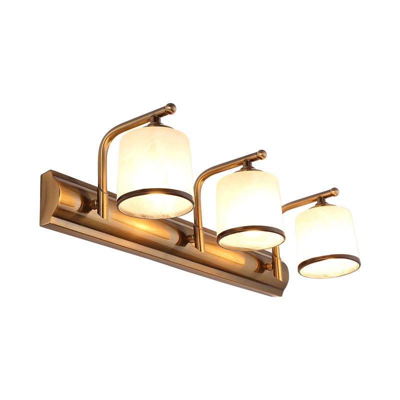 2/3 Lights Column Vanity Lighting Colonial Gold Frosted White Glass Wall Sconce Light Fixture for Bathroom Clearhalo 'Vanity Lights' 'Wall Lights' Lighting' 1460857