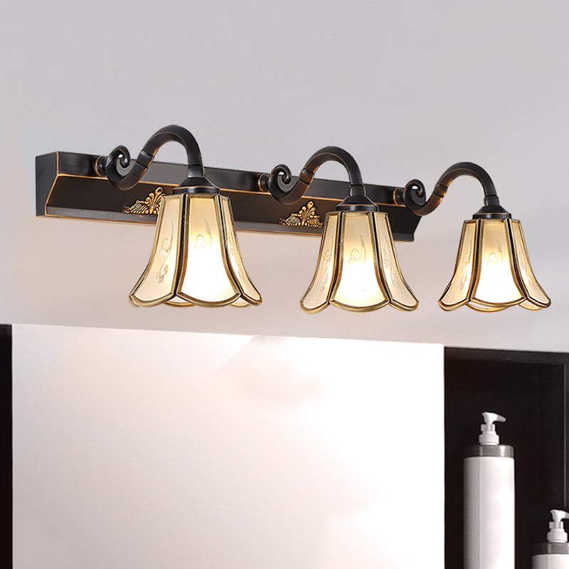 Ivory Glass Black Vanity Light Blossom 3 Lights Traditionalism Wall Sconce Lighting Fixture with Curved Arm Clearhalo 'Vanity Lights' 'Wall Lights' Lighting' 1460866