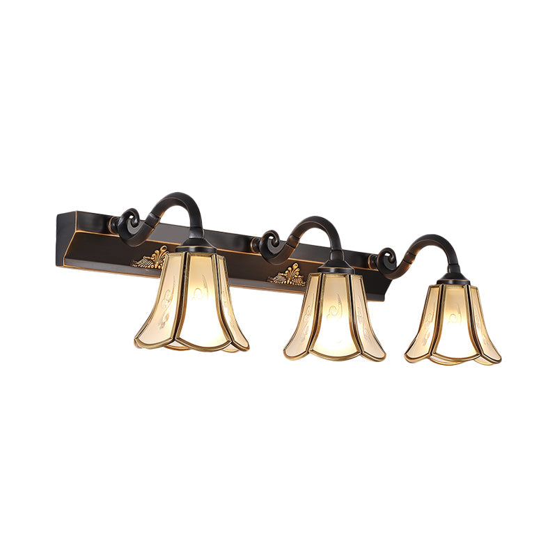 Ivory Glass Black Vanity Light Blossom 3 Lights Traditionalism Wall Sconce Lighting Fixture with Curved Arm Clearhalo 'Vanity Lights' 'Wall Lights' Lighting' 1460867