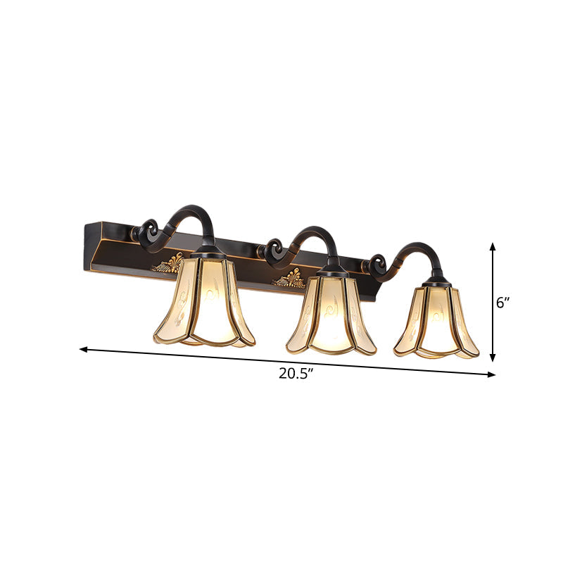 Ivory Glass Black Vanity Light Blossom 3 Lights Traditionalism Wall Sconce Lighting Fixture with Curved Arm Clearhalo 'Vanity Lights' 'Wall Lights' Lighting' 1460869