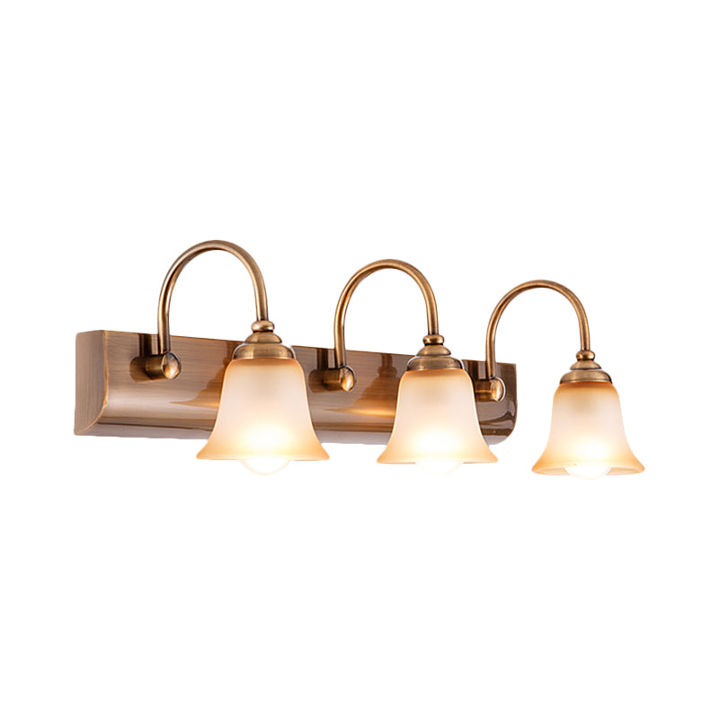 Bell Frosted Glass Vanity Lamp Vintage 2/3 Bulbs Bathroom Wall Mounted Light Fixture in Gold with Gooseneck Arm Clearhalo 'Vanity Lights' 'Wall Lights' Lighting' 1460872