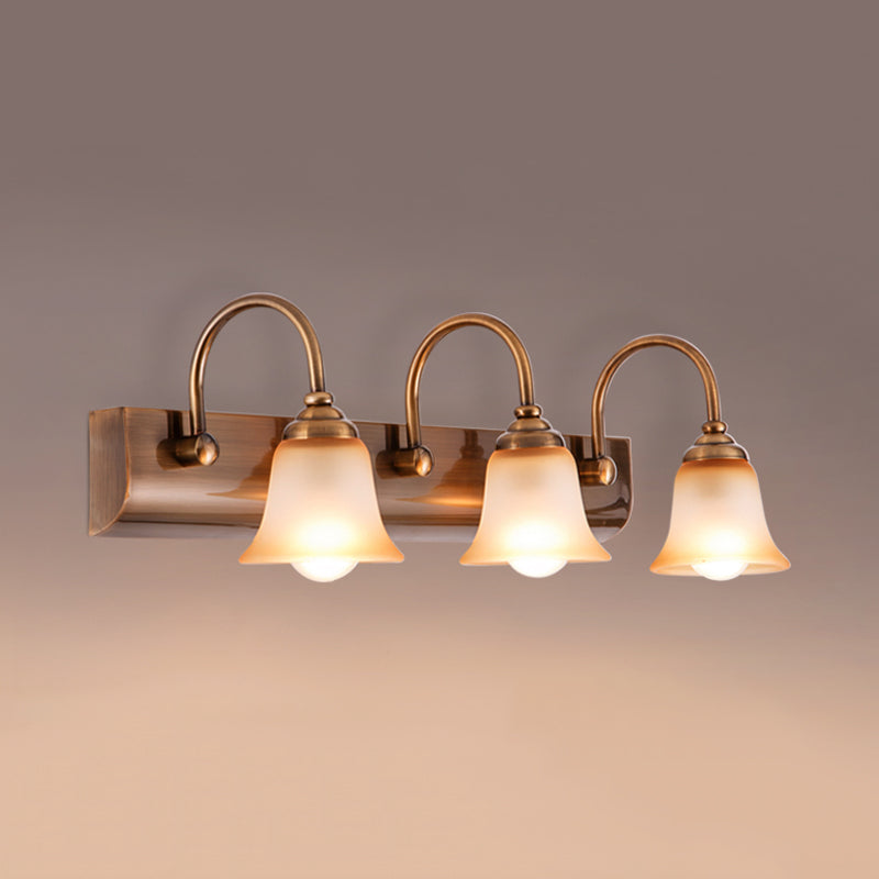 Bell Frosted Glass Vanity Lamp Vintage 2/3 Bulbs Bathroom Wall Mounted Light Fixture in Gold with Gooseneck Arm Clearhalo 'Vanity Lights' 'Wall Lights' Lighting' 1460873