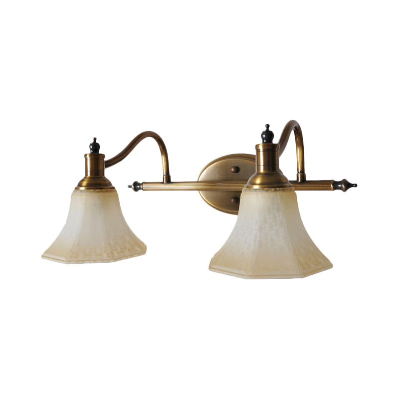 Frosted Glass Bell Vanity Light Antique 2/3 Bulbs Bathroom Sconce Lighting Fixture in Gold with Metal Swooping Arm Clearhalo 'Vanity Lights' 'Wall Lights' Lighting' 1460898