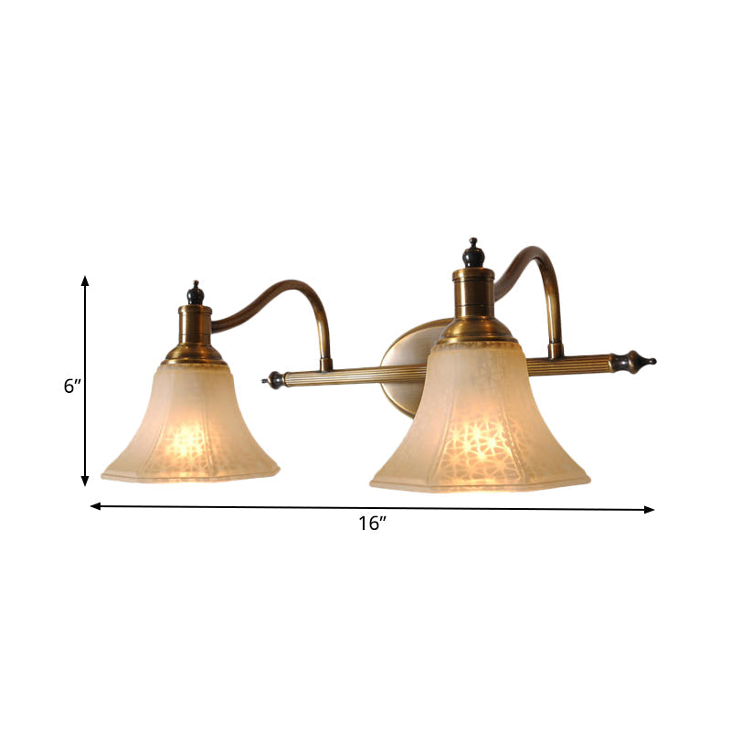 Frosted Glass Bell Vanity Light Antique 2/3 Bulbs Bathroom Sconce Lighting Fixture in Gold with Metal Swooping Arm Clearhalo 'Vanity Lights' 'Wall Lights' Lighting' 1460899