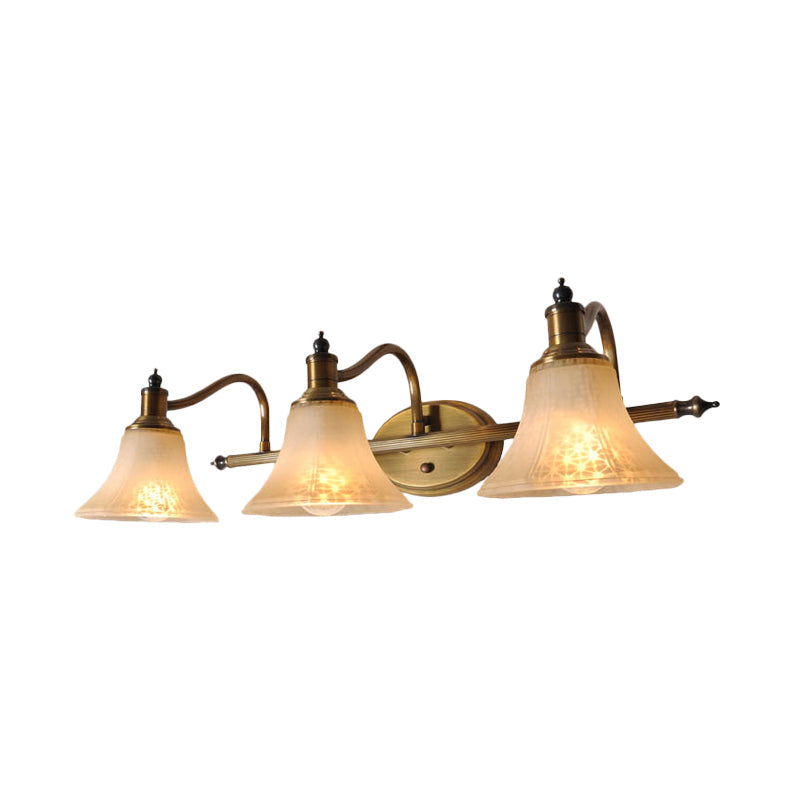 Frosted Glass Bell Vanity Light Antique 2/3 Bulbs Bathroom Sconce Lighting Fixture in Gold with Metal Swooping Arm Clearhalo 'Vanity Lights' 'Wall Lights' Lighting' 1460902