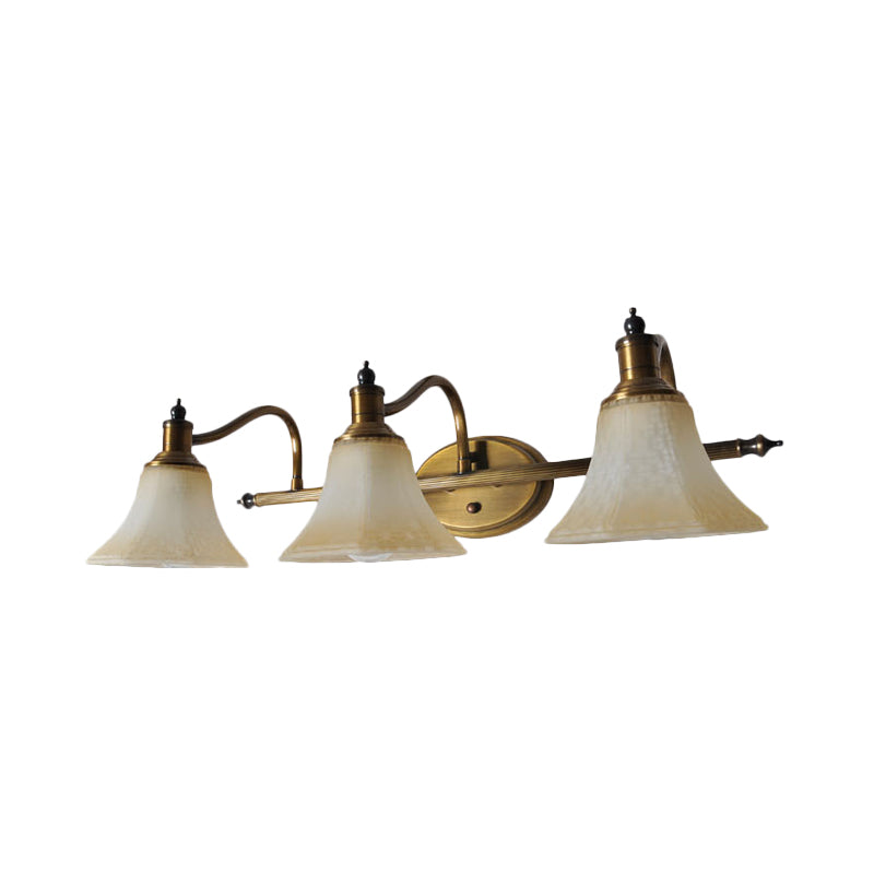 Frosted Glass Bell Vanity Light Antique 2/3 Bulbs Bathroom Sconce Lighting Fixture in Gold with Metal Swooping Arm Clearhalo 'Vanity Lights' 'Wall Lights' Lighting' 1460903