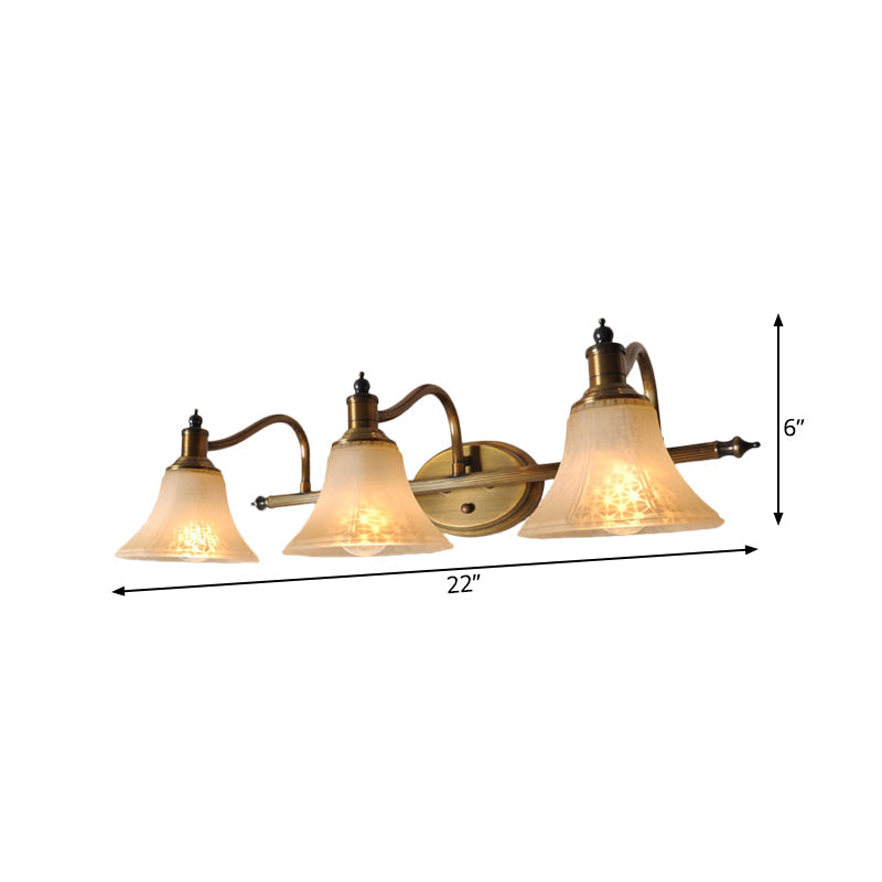 Frosted Glass Bell Vanity Light Antique 2/3 Bulbs Bathroom Sconce Lighting Fixture in Gold with Metal Swooping Arm Clearhalo 'Vanity Lights' 'Wall Lights' Lighting' 1460904