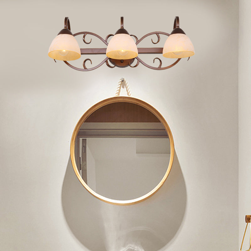 Brown Bowl Vanity Wall Light Antique Beige Glass 2/3/4 Bulbs Bathroom Wall Sconce Lighting Fixture with Swooping Arm Clearhalo 'Vanity Lights' 'Wall Lights' Lighting' 1460911