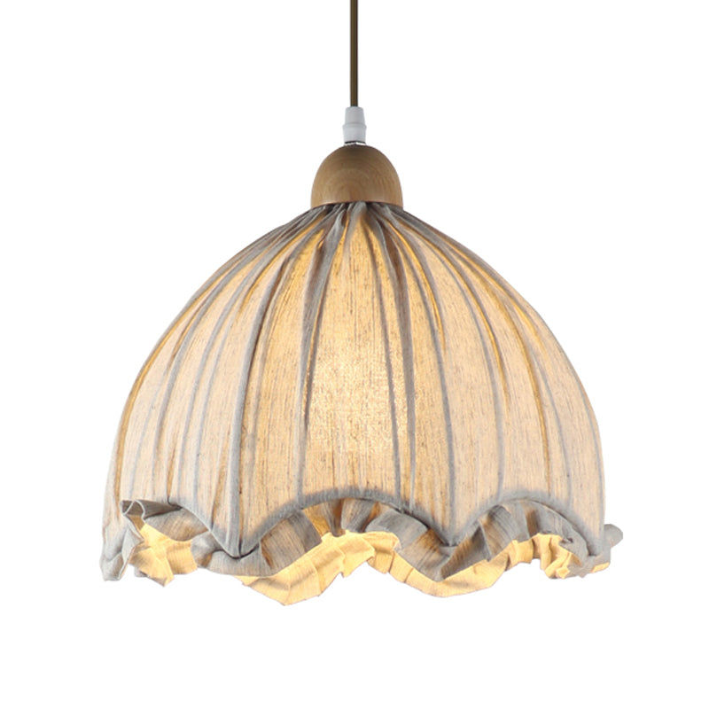 Cream Gray Scalloped Ceiling Pendant Traditional Fabric 1 Bulb Restaurant Hanging Light Fixture, 14