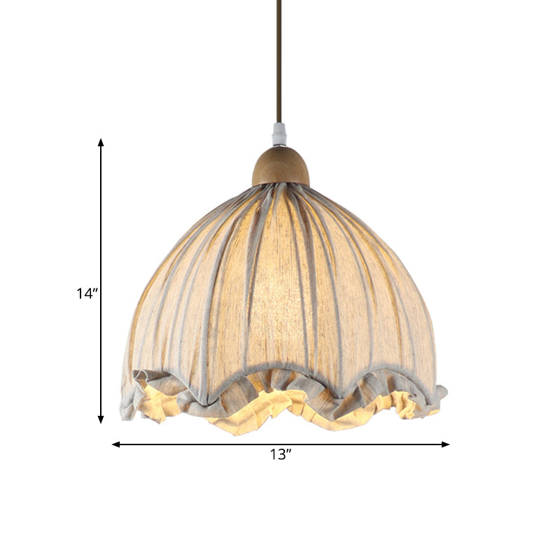 Cream Gray Scalloped Ceiling Pendant Traditional Fabric 1 Bulb Restaurant Hanging Light Fixture, 14