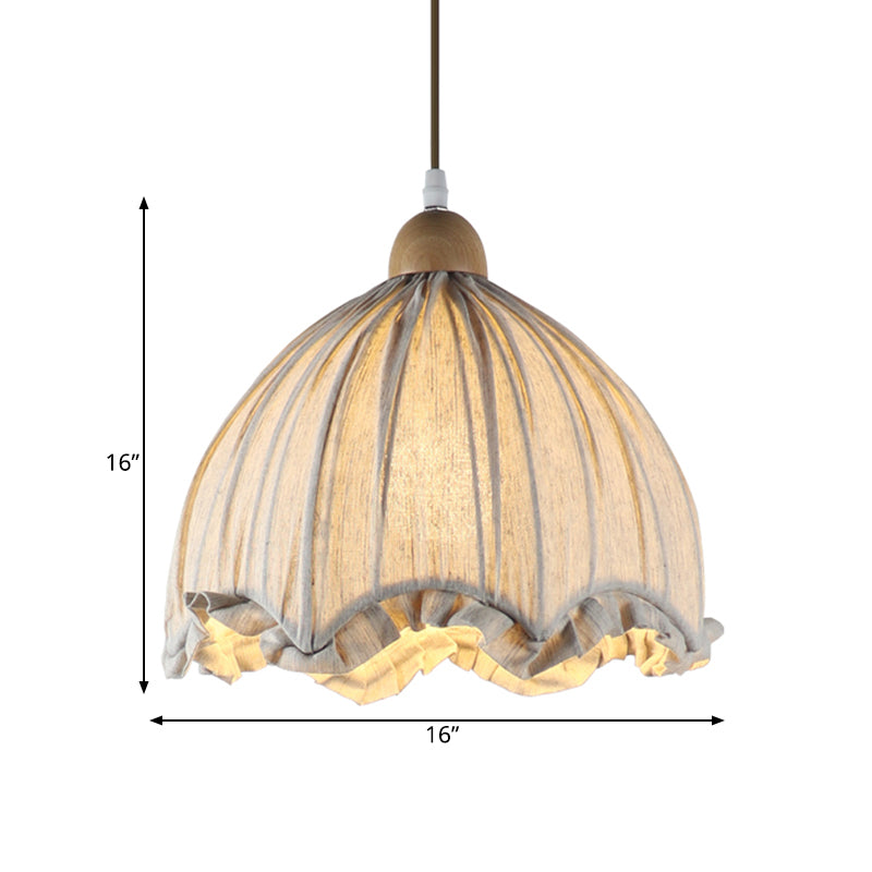 Cream Gray Scalloped Ceiling Pendant Traditional Fabric 1 Bulb Restaurant Hanging Light Fixture, 14