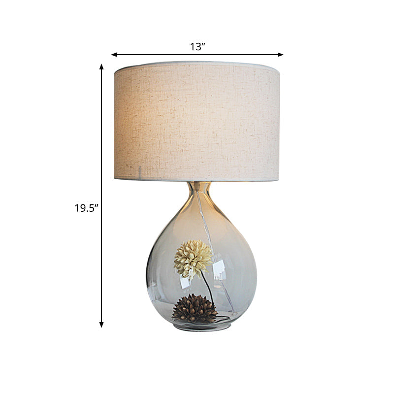 Drum Restaurant Table Light Pastoral Fabric 1-Head Cream Gray Night Lamp with Clear Glass Base and Dried Flower Clearhalo 'Lamps' 'Table Lamps' Lighting' 1460989