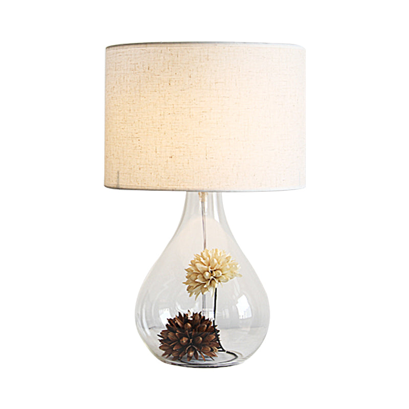 White Drum Night Light Pastoral Fabric 1-Light Cafe Table Lamp with Vase Clear Glass Base and Dried Flower Clearhalo 'Lamps' 'Table Lamps' Lighting' 1460992