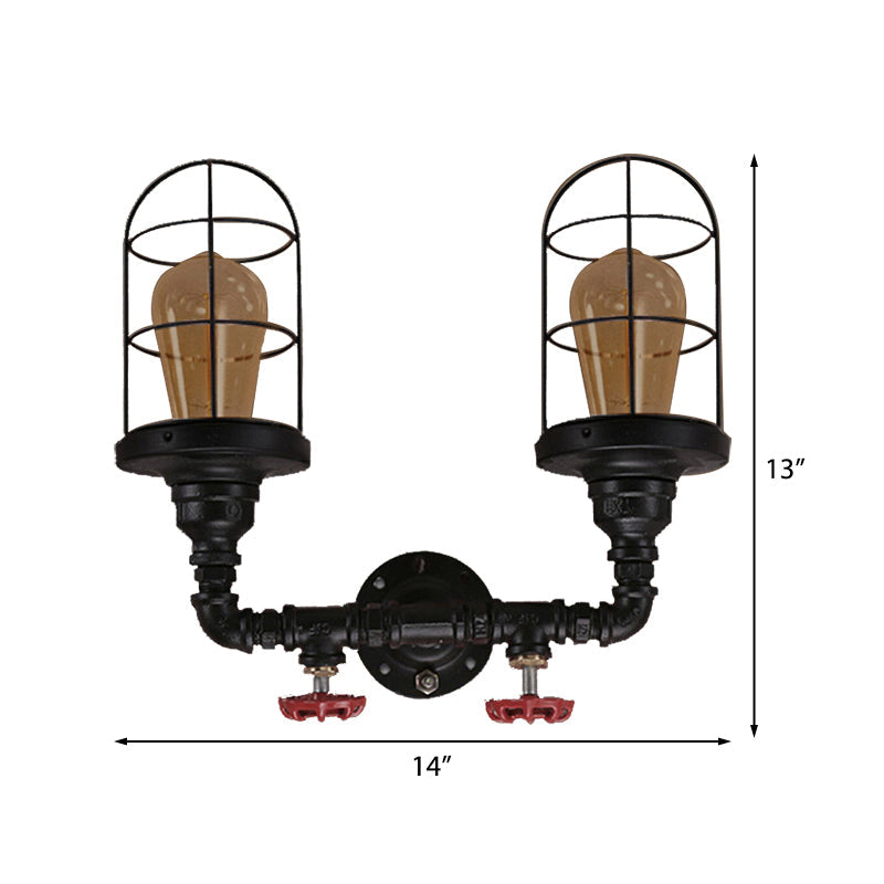 2 Bulbs Sconce Lighting Vintage Caged Metal Shade Wall Mount Lamp with Red Valve and Pipe in Black Clearhalo 'Art deco wall lights' 'Cast Iron' 'Glass' 'Industrial wall lights' 'Industrial' 'Middle century wall lights' 'Modern' 'Rustic wall lights' 'Tiffany' 'Traditional wall lights' 'Wall Lamps & Sconces' 'Wall Lights' Lighting' 146110