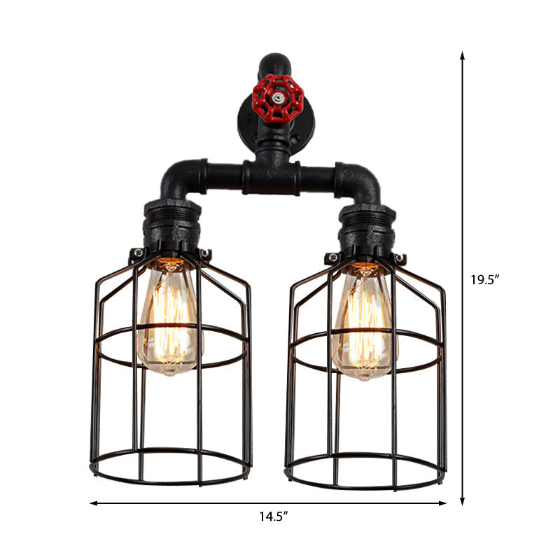 Double Caged Iron Sconce Lighting with Valve Wheel Industrial 2 Lights Hallway Wall Light Fixture in Black Clearhalo 'Art deco wall lights' 'Cast Iron' 'Glass' 'Industrial wall lights' 'Industrial' 'Middle century wall lights' 'Modern' 'Rustic wall lights' 'Tiffany' 'Traditional wall lights' 'Wall Lamps & Sconces' 'Wall Lights' Lighting' 146157