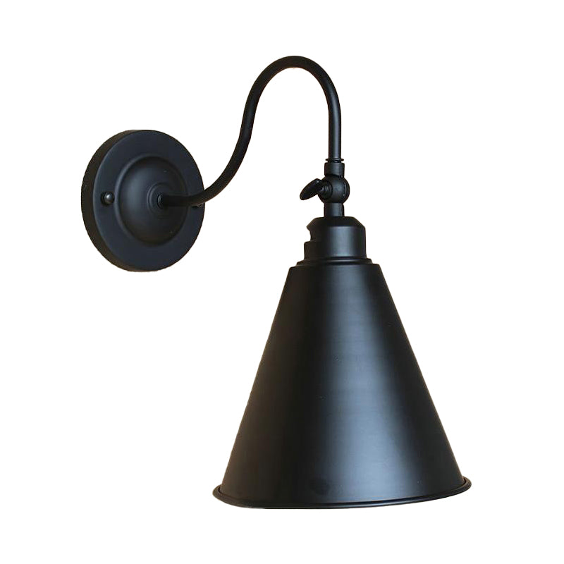 1 Head Conical Wall Lighting Industrial Black Metal Sconce Light Fixture with Gooseneck Arm for Bedroom Clearhalo 'Art deco wall lights' 'Cast Iron' 'Glass' 'Industrial wall lights' 'Industrial' 'Middle century wall lights' 'Modern' 'Rustic wall lights' 'Tiffany' 'Traditional wall lights' 'Wall Lamps & Sconces' 'Wall Lights' Lighting' 146160