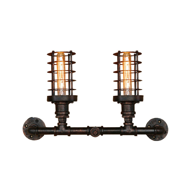 Steampunk Style Cylinder Wall Lamp with Wire Frame 2 Heads Iron Sconce Lighting in Aged Bronze for Living Room Clearhalo 'Art deco wall lights' 'Cast Iron' 'Glass' 'Industrial wall lights' 'Industrial' 'Middle century wall lights' 'Modern' 'Rustic wall lights' 'Tiffany' 'Traditional wall lights' 'Wall Lamps & Sconces' 'Wall Lights' Lighting' 146164