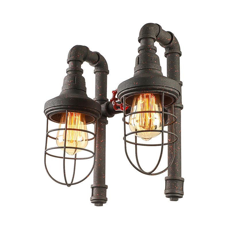 Black/Bronze Tubed Wall Light Fixture Industrial Metallic 2 Lights Kitchen Sconce Lighting with Cage Shade and Red Valve Clearhalo 'Art deco wall lights' 'Cast Iron' 'Glass' 'Industrial wall lights' 'Industrial' 'Middle century wall lights' 'Modern' 'Rustic wall lights' 'Tiffany' 'Traditional wall lights' 'Wall Lamps & Sconces' 'Wall Lights' Lighting' 146183