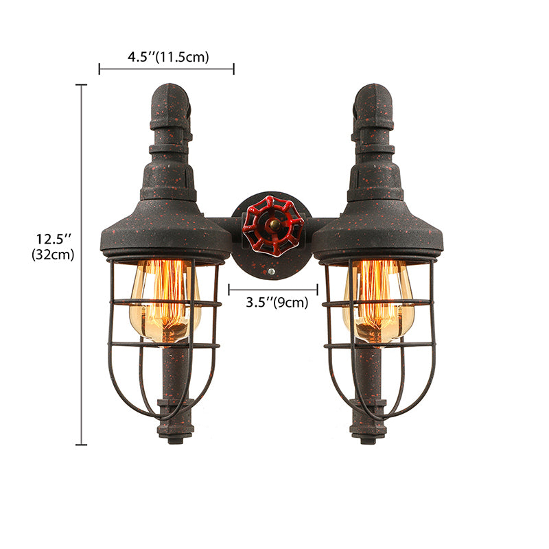 Black/Bronze Tubed Wall Light Fixture Industrial Metallic 2 Lights Kitchen Sconce Lighting with Cage Shade and Red Valve Clearhalo 'Art deco wall lights' 'Cast Iron' 'Glass' 'Industrial wall lights' 'Industrial' 'Middle century wall lights' 'Modern' 'Rustic wall lights' 'Tiffany' 'Traditional wall lights' 'Wall Lamps & Sconces' 'Wall Lights' Lighting' 146185