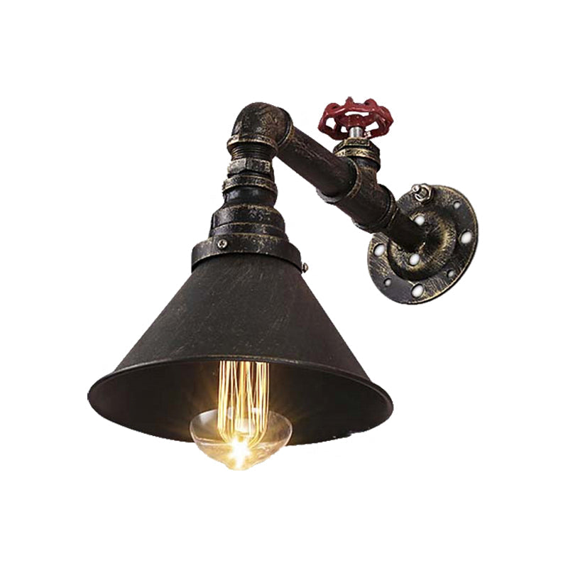 Aged Brass 1 Bulb Wall Lamp Sconce Antique Style Metal Cone Shade Wall Lighting Fixture with Valve Decoration Clearhalo 'Art deco wall lights' 'Cast Iron' 'Glass' 'Industrial wall lights' 'Industrial' 'Middle century wall lights' 'Modern' 'Rustic wall lights' 'Tiffany' 'Traditional wall lights' 'Wall Lamps & Sconces' 'Wall Lights' Lighting' 146290