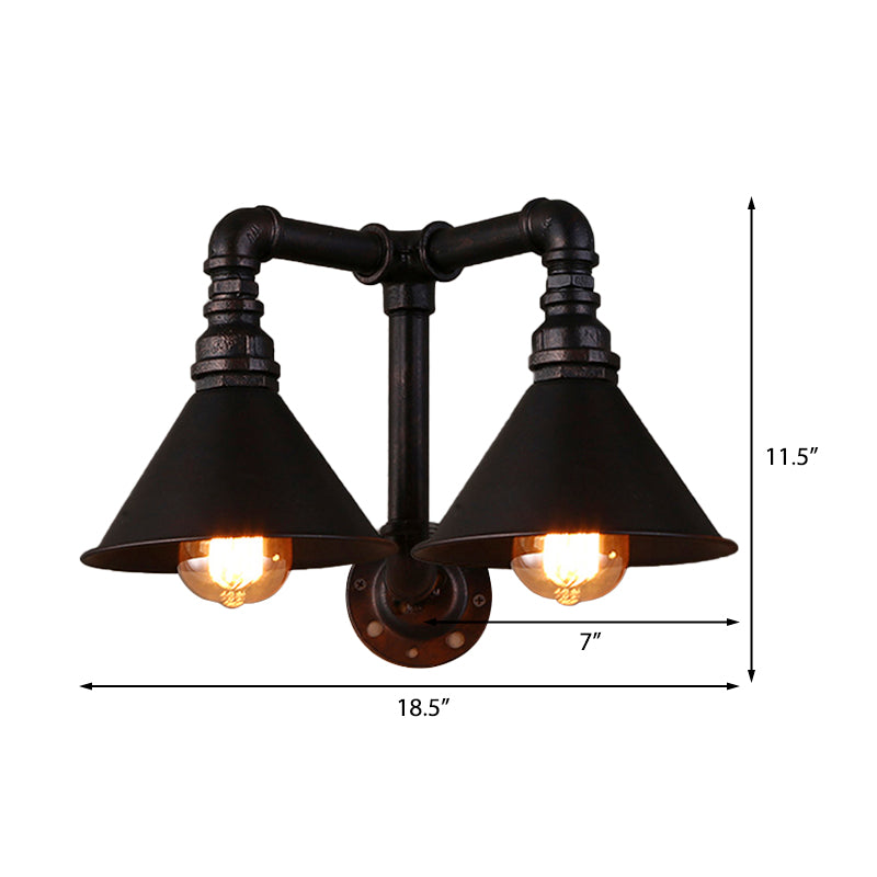 Vintage Style Cone Wall Lamp with Water Pipe 2 Lights Metallic Wall Sconce Light in Black, 14.5/18.5