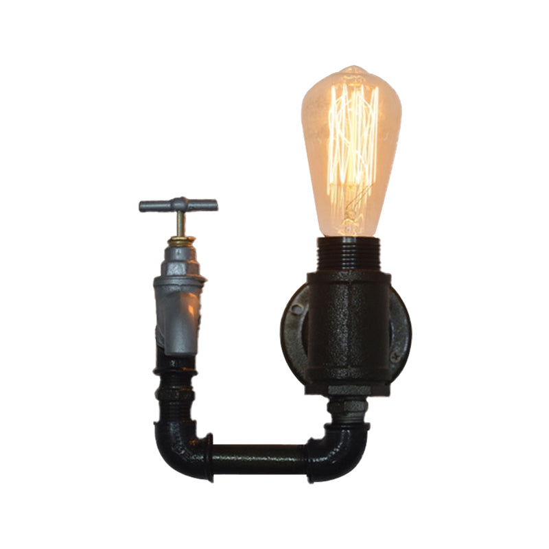 Black Water Pipe Wall Sconce Industrial Metal 1 Light Living Room Mini Wall Lighting with Gauge/Faucet Decoration Clearhalo 'Art deco wall lights' 'Cast Iron' 'Glass' 'Industrial wall lights' 'Industrial' 'Middle century wall lights' 'Modern' 'Rustic wall lights' 'Tiffany' 'Traditional wall lights' 'Wall Lamps & Sconces' 'Wall Lights' Lighting' 146483