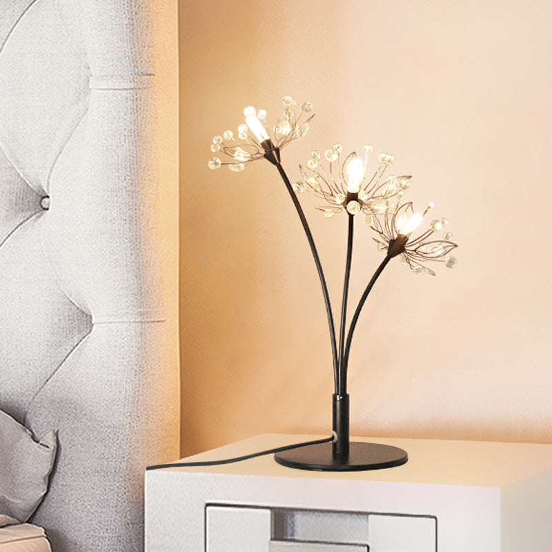 Contemporary 3 Heads Desk Lamp with Hand-Cut Crystal Shade Black Blossom Nightstand Light Black Clearhalo 'Lamps' 'Table Lamps' Lighting' 1467977