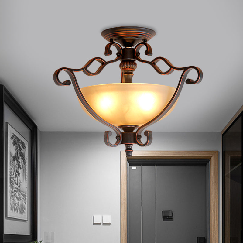 Frosted Glass Bowl Semi Flush Rustic Style LED Bedroom Flush Mount Light Fixture in Bronze Clearhalo 'Ceiling Lights' 'Close To Ceiling Lights' 'Close to ceiling' 'Glass shade' 'Glass' 'Pendant Lights' 'Semi-flushmount' Lighting' 1468064