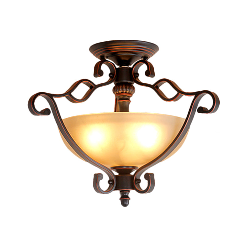 Frosted Glass Bowl Semi Flush Rustic Style LED Bedroom Flush Mount Light Fixture in Bronze Clearhalo 'Ceiling Lights' 'Close To Ceiling Lights' 'Close to ceiling' 'Glass shade' 'Glass' 'Pendant Lights' 'Semi-flushmount' Lighting' 1468065