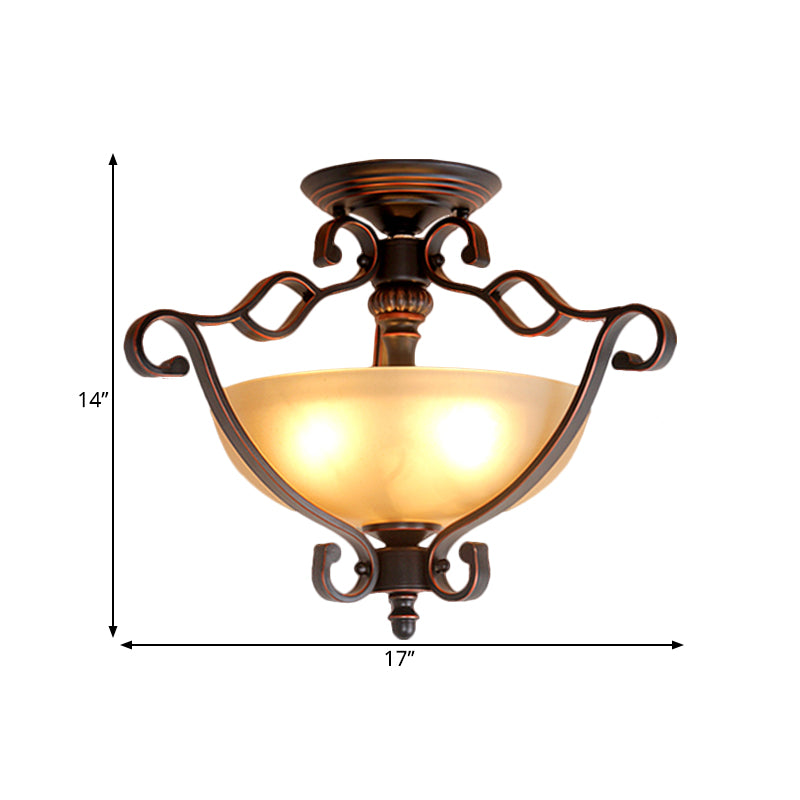 Frosted Glass Bowl Semi Flush Rustic Style LED Bedroom Flush Mount Light Fixture in Bronze Clearhalo 'Ceiling Lights' 'Close To Ceiling Lights' 'Close to ceiling' 'Glass shade' 'Glass' 'Pendant Lights' 'Semi-flushmount' Lighting' 1468066