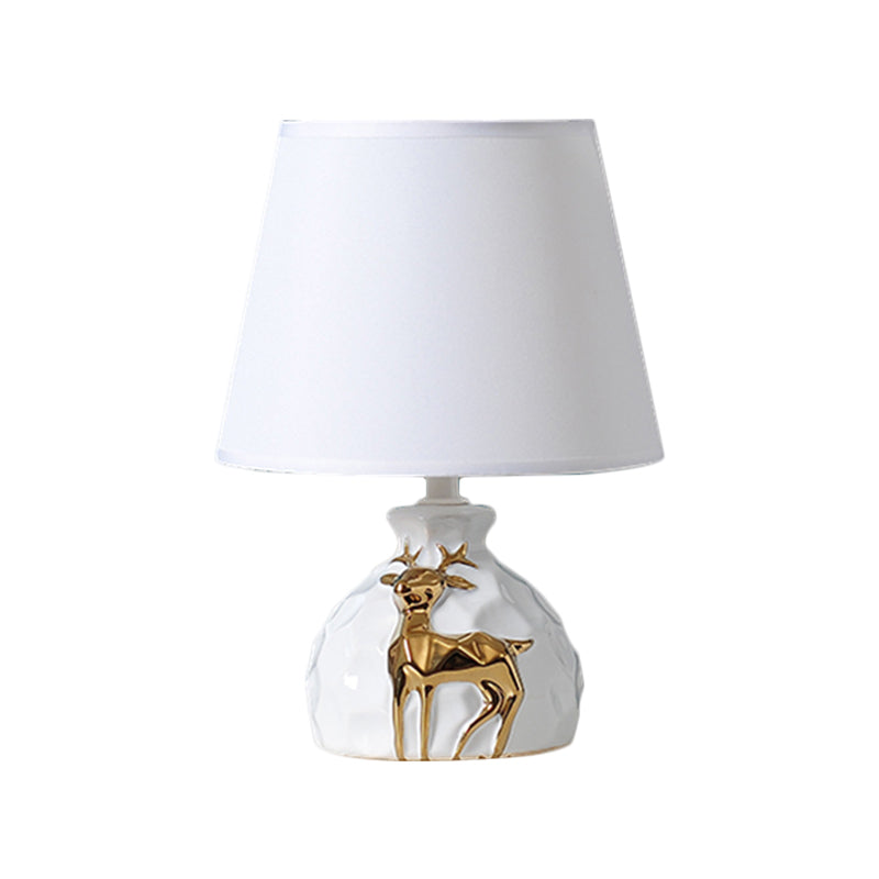 1-Bulb Tapered Desk Light Countryside White Fabric Night Table Lamp with Deer Vase Base, 11