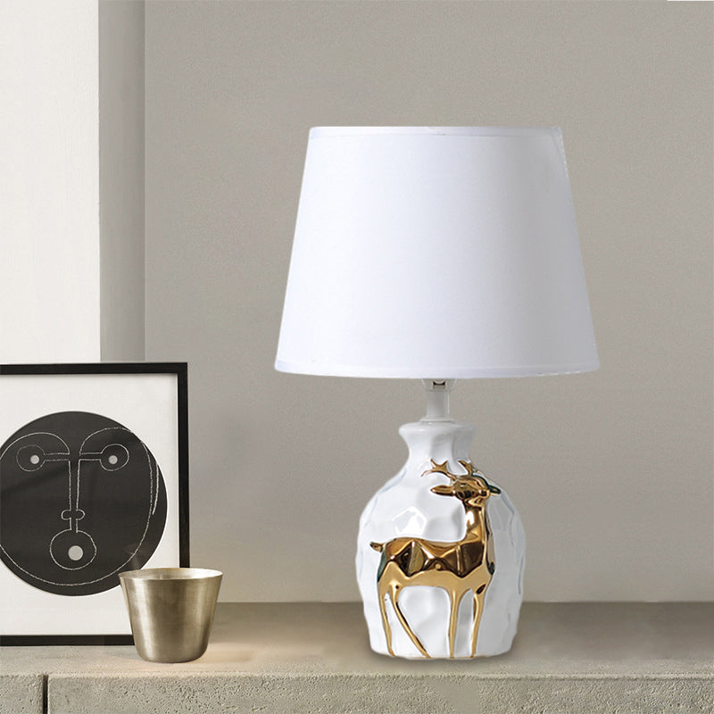 1-Bulb Tapered Desk Light Countryside White Fabric Night Table Lamp with Deer Vase Base, 11