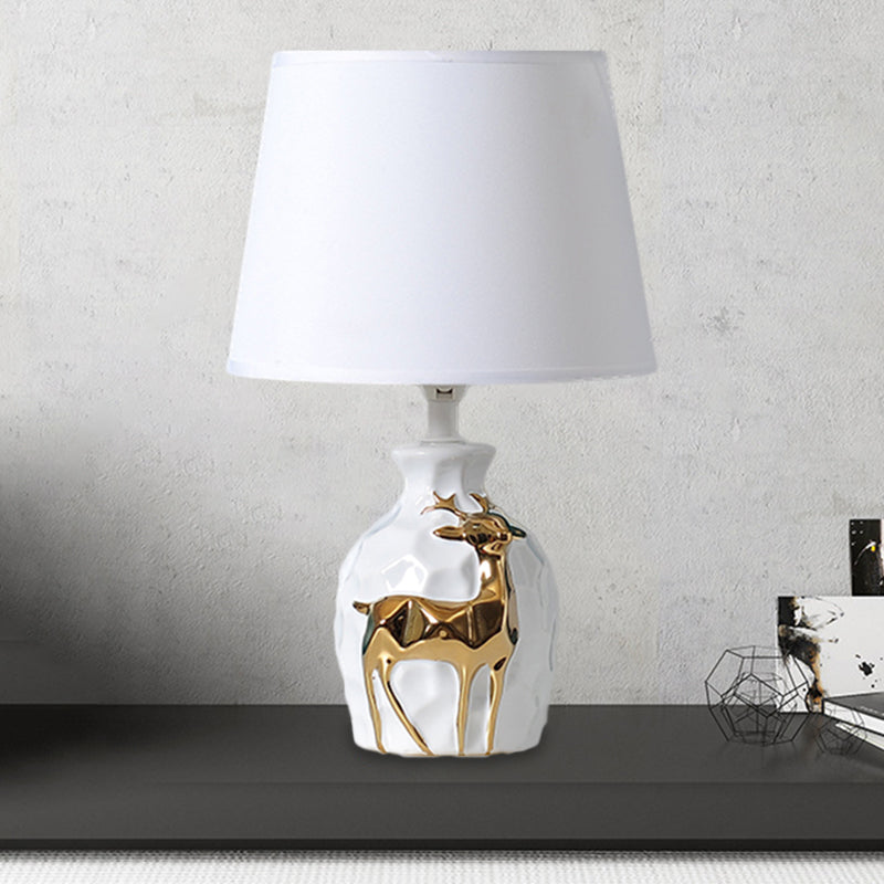 1-Bulb Tapered Desk Light Countryside White Fabric Night Table Lamp with Deer Vase Base, 11