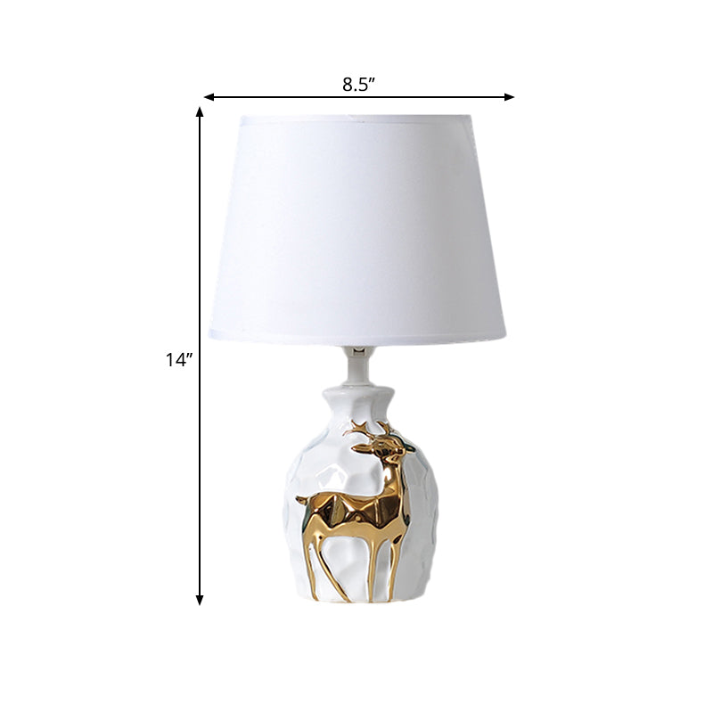 1-Bulb Tapered Desk Light Countryside White Fabric Night Table Lamp with Deer Vase Base, 11