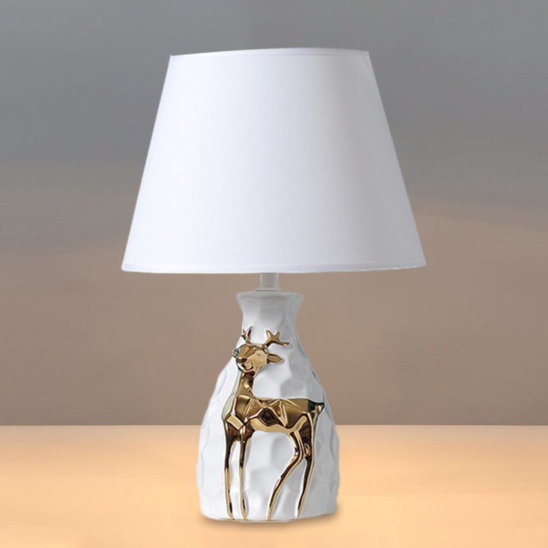 1-Bulb Tapered Desk Light Countryside White Fabric Night Table Lamp with Deer Vase Base, 11