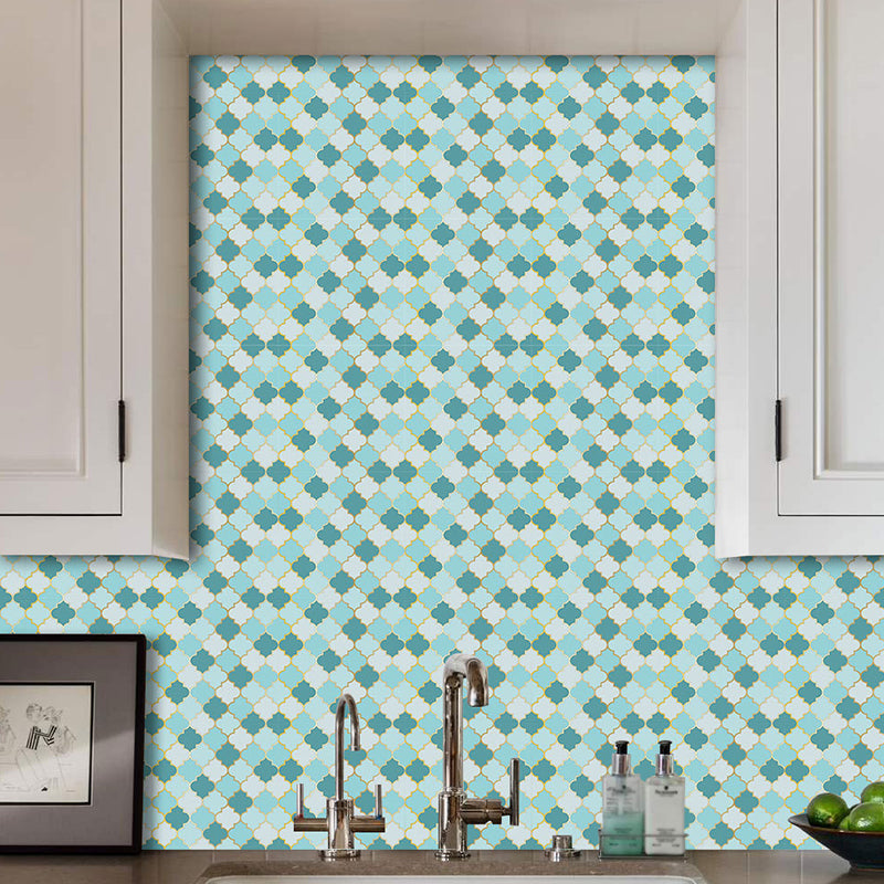 Aqua Quatrefoil Wallpaper Panel Set Peel and Stick Modern Bathroom Wall Decoration Aqua Clearhalo 'Wall Decor' 'Wallpaper' 1468490