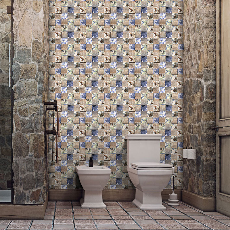 Flower Tile Wallpaper Panel Countryside PVC Adhesive Wall Covering in Blue-Brown for Bath Clearhalo 'Wall Decor' 'Wallpaper' 1468520