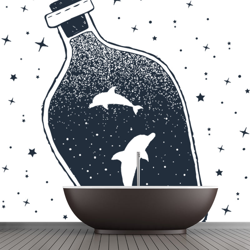 Whole Constellation Wallpaper Mural for Home Whale Inside Bottle Wall Art in Black-White, Washable Black-White Clearhalo 'Wall Decor' 'Wall Mural' 1468597