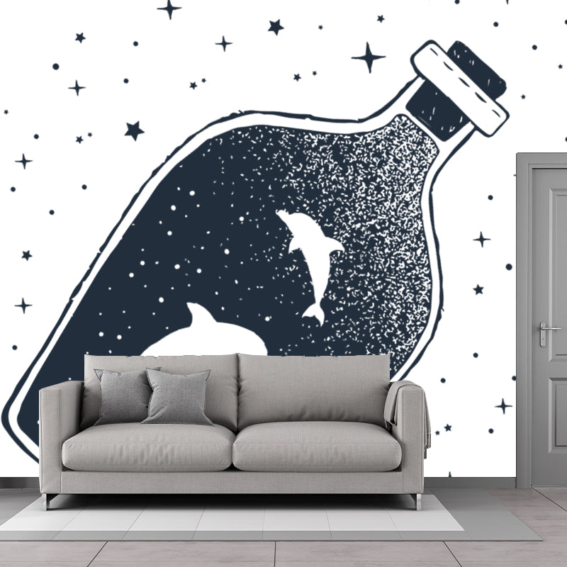 Whole Constellation Wallpaper Mural for Home Whale Inside Bottle Wall Art in Black-White, Washable Clearhalo 'Wall Decor' 'Wall Mural' 1468598