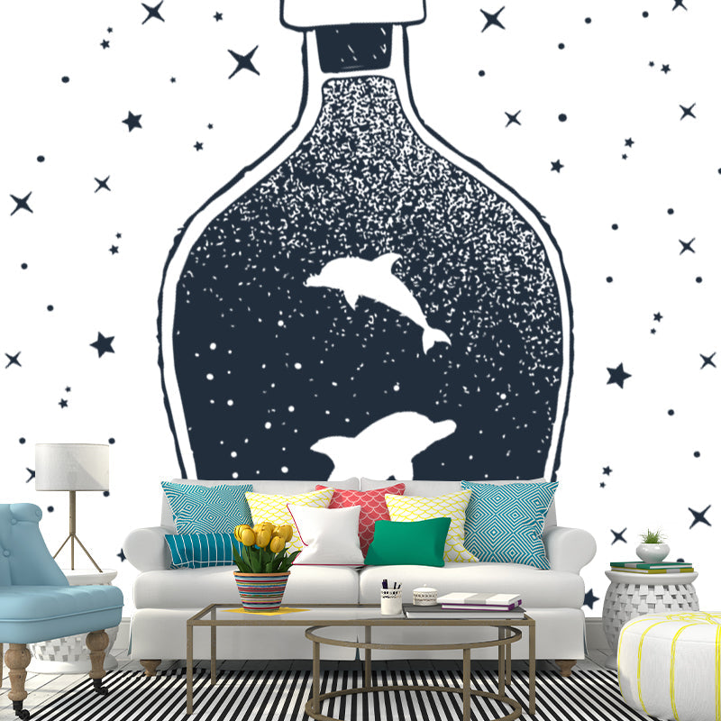 Whole Constellation Wallpaper Mural for Home Whale Inside Bottle Wall Art in Black-White, Washable Clearhalo 'Wall Decor' 'Wall Mural' 1468599