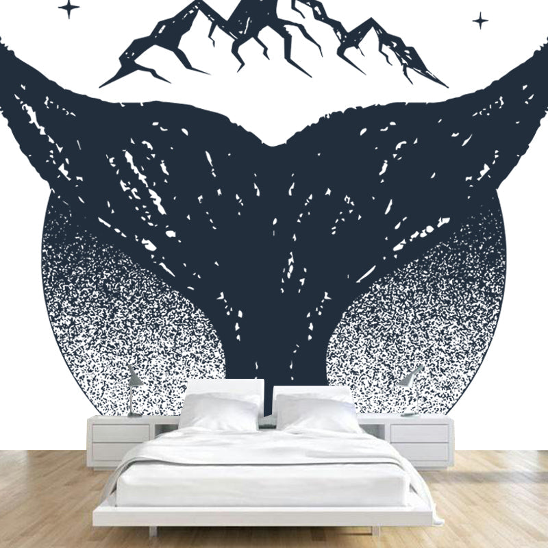 Whale Tail and Mountain Mural in Black-White Contemporary Wall Art for Home Gallery Clearhalo 'Wall Decor' 'Wall Mural' 1468618
