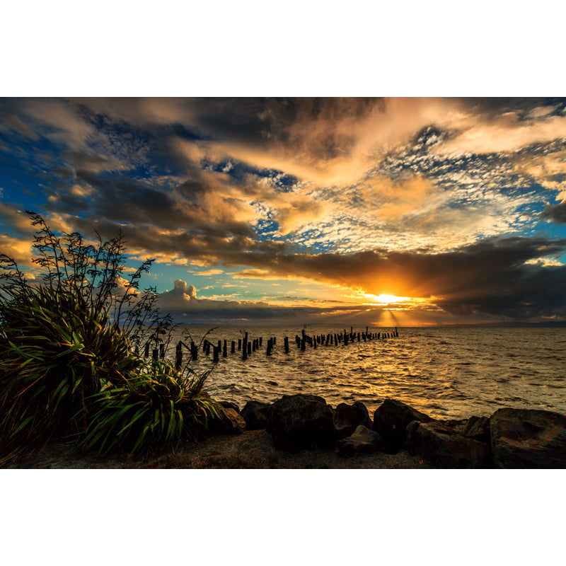 Yellow-Blue Contemporary Mural Huge Sunset Sea with Wood Breakwater Wall Covering for Home Clearhalo 'Wall Decor' 'Wall Mural' 1468675