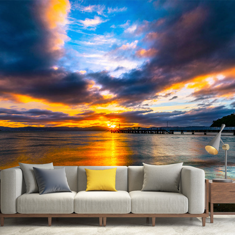 Modern Sea Evening Glow Mural Decal Blue-Yellow Waterproofing Wall Decor for Bedroom Blue-Yellow Clearhalo 'Wall Decor' 'Wall Mural' 1468677