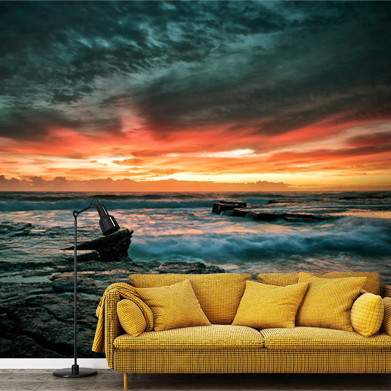 Nightfall Rocky Seashore Mural Modernist Non-Woven Wall Art in Yellow-Blue for Living Room Yellow-Blue Clearhalo 'Wall Decor' 'Wall Mural' 1468682