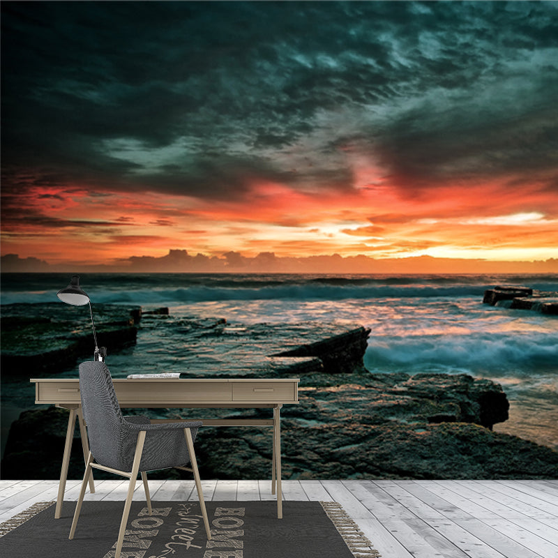 Nightfall Rocky Seashore Mural Modernist Non-Woven Wall Art in Yellow-Blue for Living Room Clearhalo 'Wall Decor' 'Wall Mural' 1468683