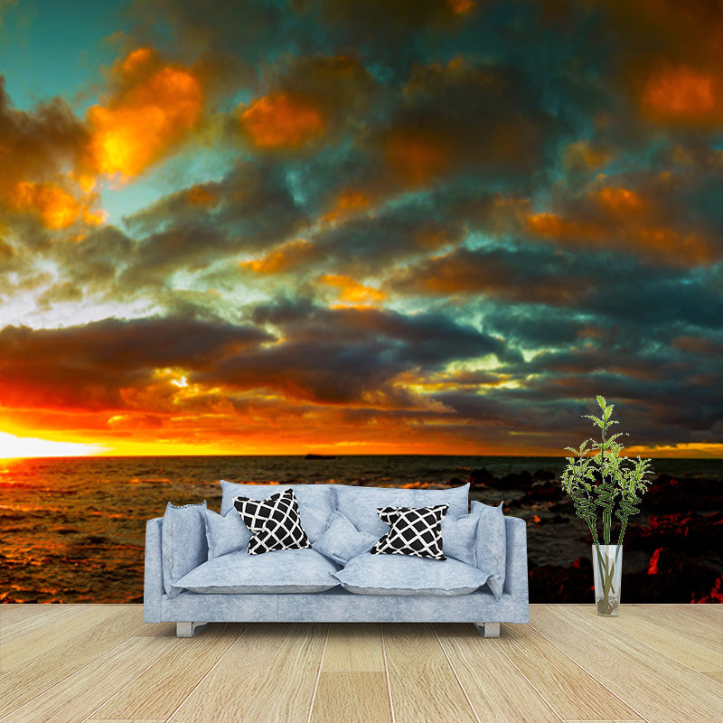 Splendid Ocean Evening Glow Mural Decal for Accent Wall, Blue-Orange, Made to Measure Clearhalo 'Wall Decor' 'Wall Mural' 1468699